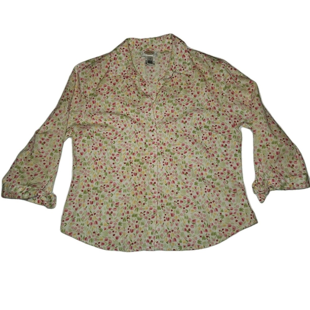 Talbots Women's Small Button Up Floral Spring Tulips 3/4 Sleeve Bow Cuff Fairy